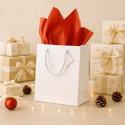White/Red Large Glossy Gift Bags (10 x 13 x 5) (3 Pack) with Tissue Paper (10 Pack)