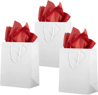White/Red Large Glossy Gift Bags (10 x 13 x 5) (3 Pack) with Tissue Paper (10 Pack)