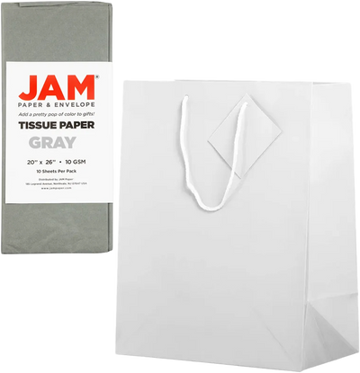 White/Gray Large Glossy Gift Bags (10 x 13 x 5) (3 Pack) with Tissue Paper (10 Pack)