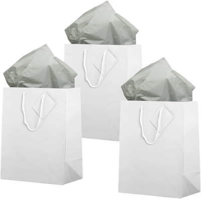 White/Gray Large Glossy Gift Bags (10 x 13 x 5) (3 Pack) with Tissue Paper (10 Pack)