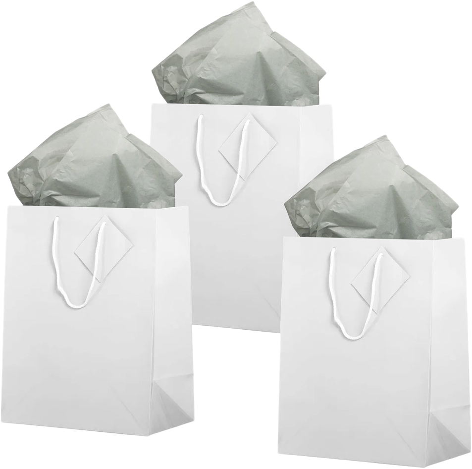 White/Gray Large Glossy Gift Bags (10 x 13 x 5) (3 Pack) with Tissue Paper (10 Pack)