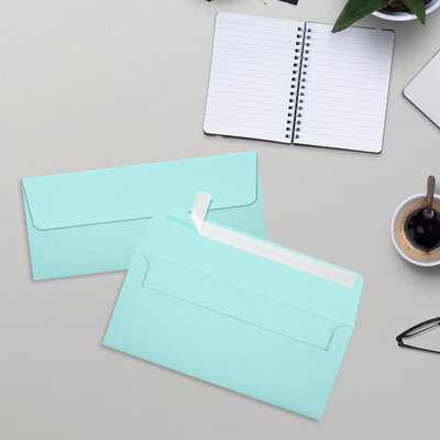 Seafoam Aqua Blue 32lb #10 Square Flap Envelopes (4 1/8 x 9 1/2) with Peel & Seal