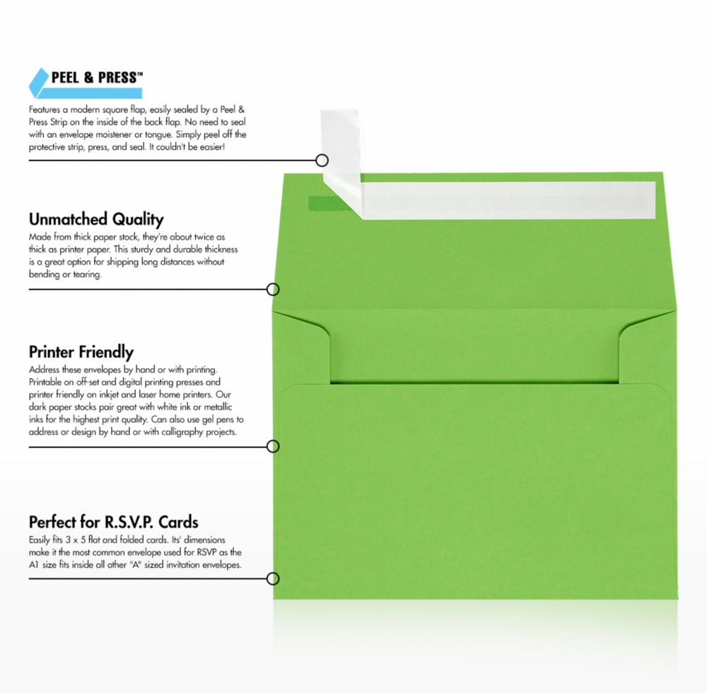Lime Green 32lb A1 Invitation Envelopes (3 5/8 x 5 1/8) with Peel & Seal