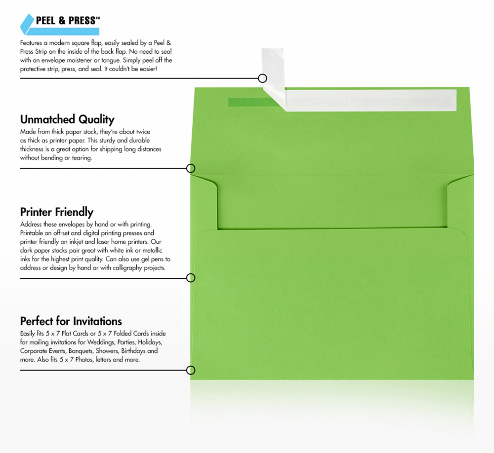 Lime Green 32lb A7 Invitation Envelopes (5 1/4 x 7 1/4) with Peel & Seal