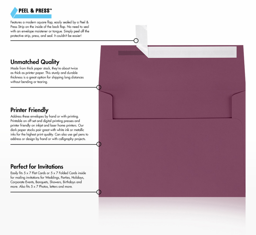 Vintage Plum Purple 32lb A7 Invitation Envelopes (5 1/4 x 7 1/4) with Peel & Seal