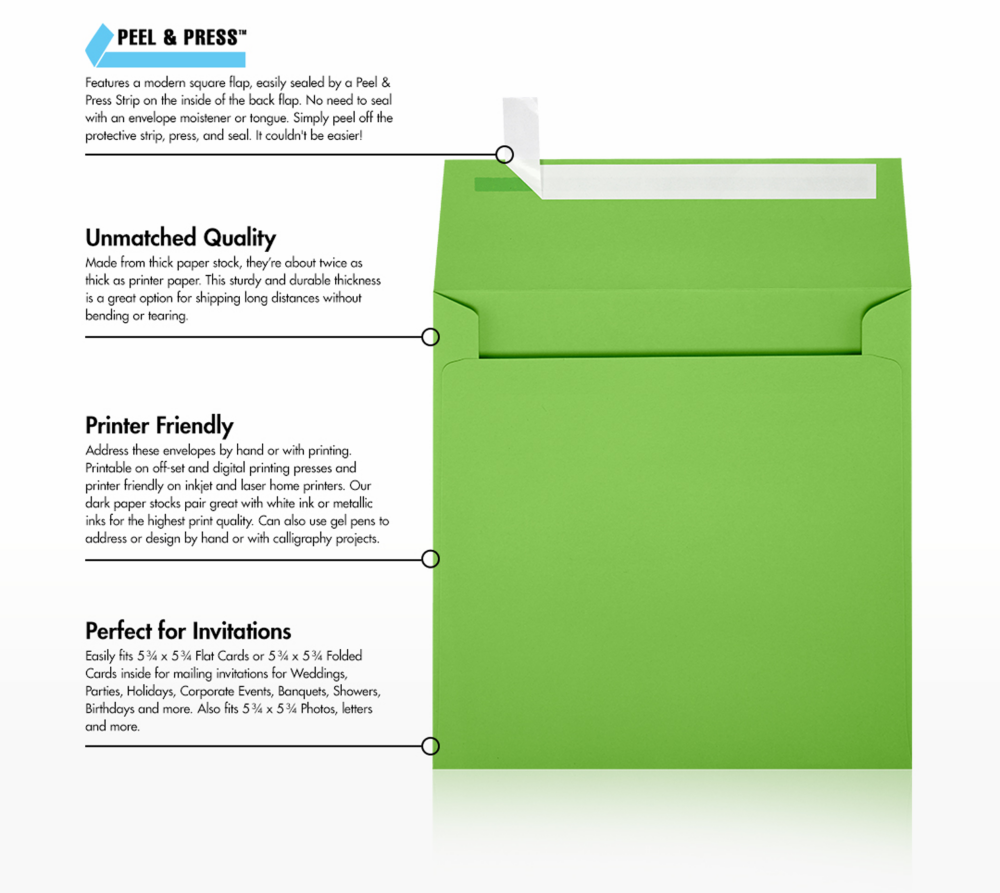 Lime Green 32lb 6 x 6 Square Envelopes with Peel & Seal