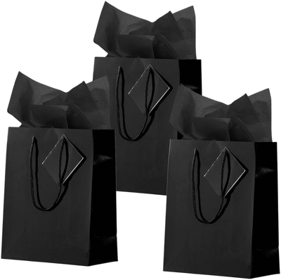 Black Medium Glossy Gift Bags (8 x 10 x 4) (3 Pack) with Tissue Paper (10 Pack)