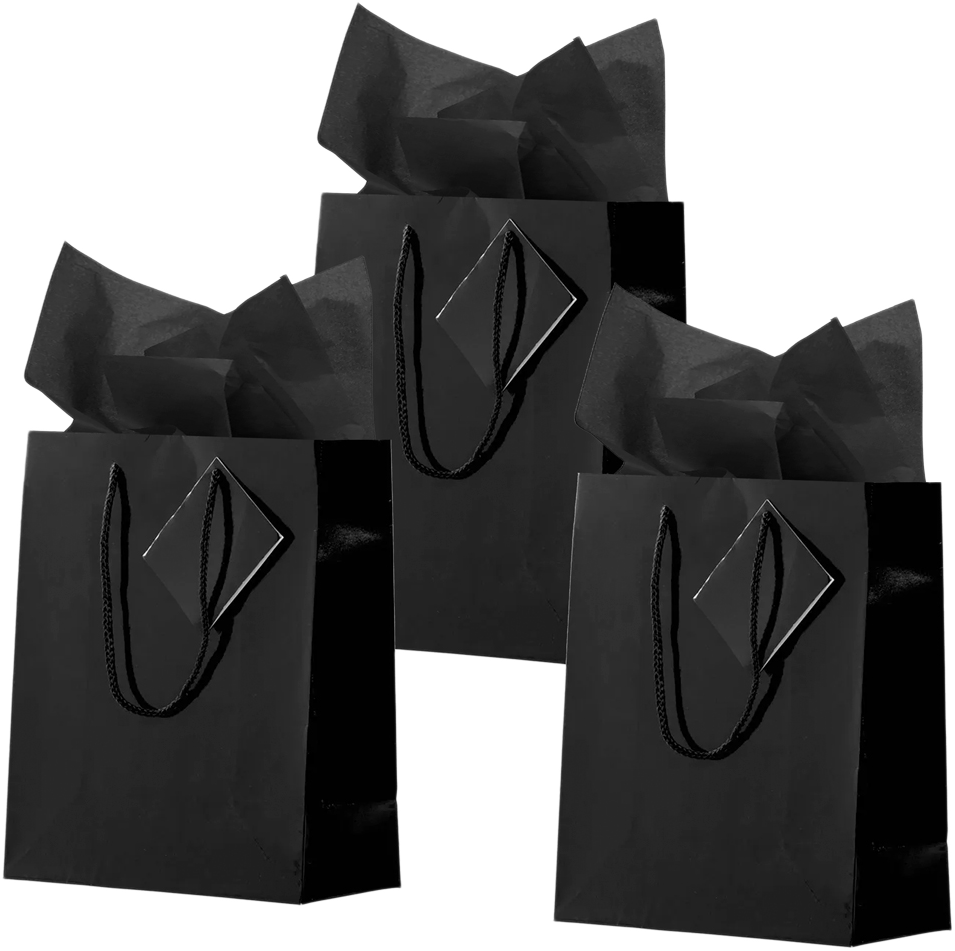 Black Medium Glossy Gift Bags (8 x 10 x 4) (3 Pack) with Tissue Paper (10 Pack)
