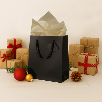 Black/Gold Medium Glossy Gift Bags (8 x 10 x 4) (3 Pack) with Tissue Paper (10 Pack)