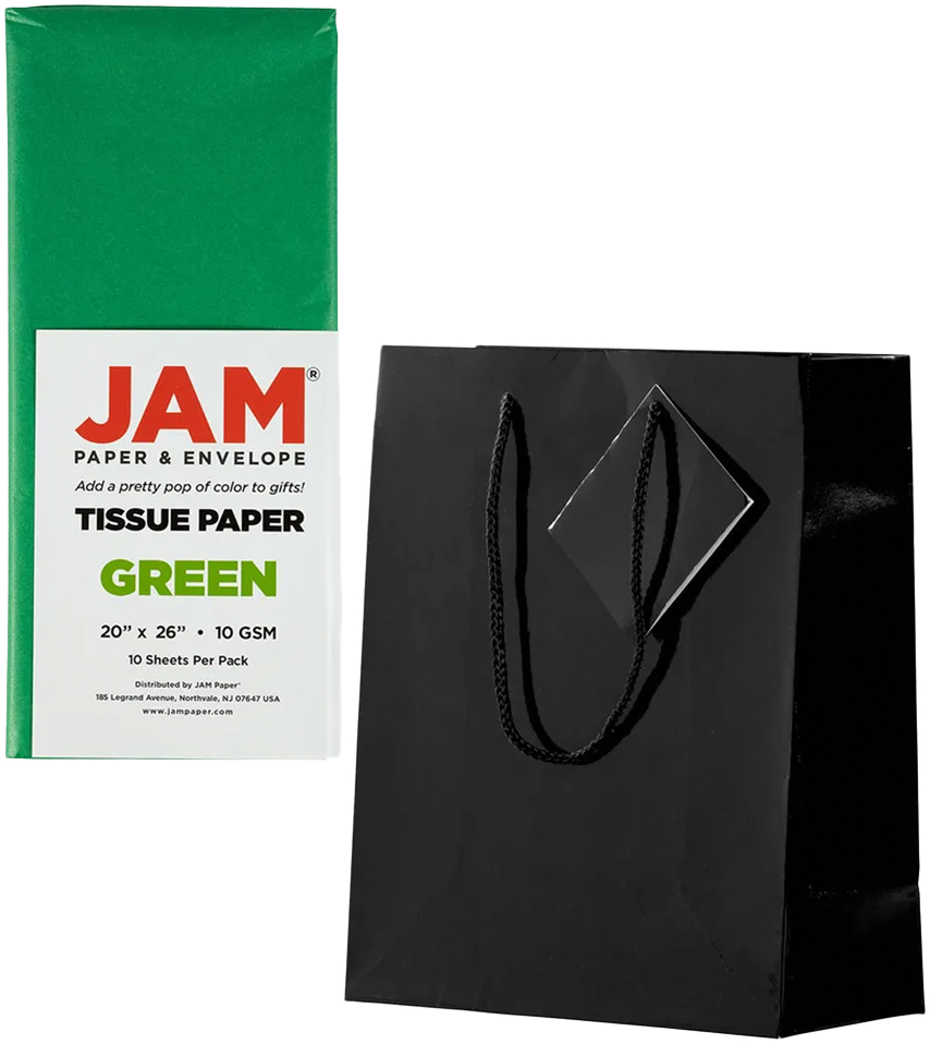 Black/Green Medium Glossy Gift Bags (8 x 10 x 4) (3 Pack) with Tissue Paper (10 Pack)