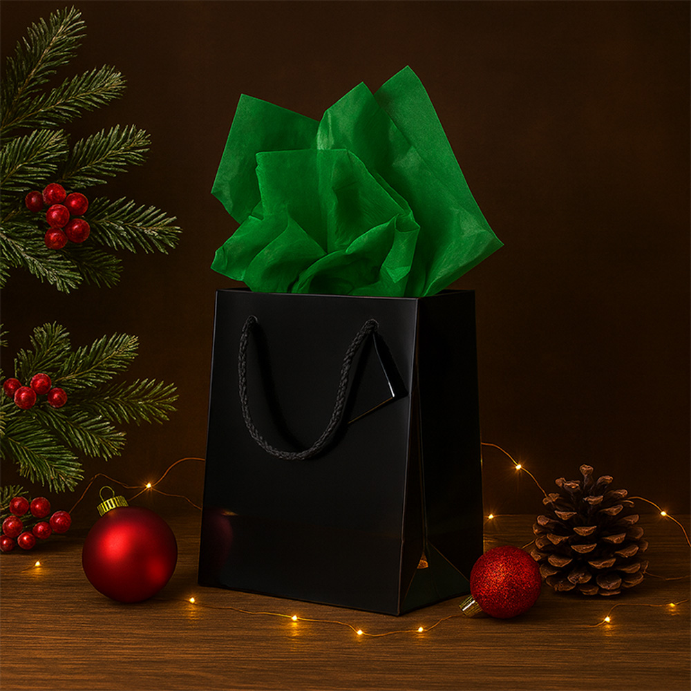 Black/Green Medium Glossy Gift Bags (8 x 10 x 4) (3 Pack) with Tissue Paper (10 Pack)