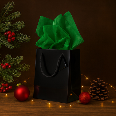 Black/Green Medium Glossy Gift Bags (8 x 10 x 4) (3 Pack) with Tissue Paper (10 Pack)