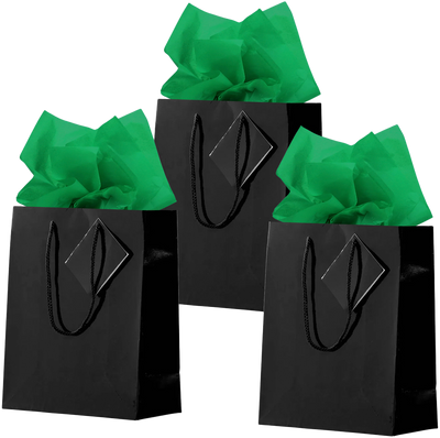 Black/Green Medium Glossy Gift Bags (8 x 10 x 4) (3 Pack) with Tissue Paper (10 Pack)