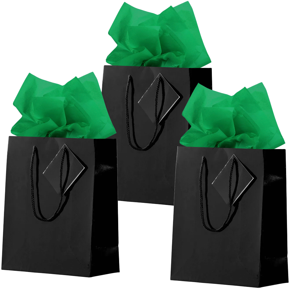 Black/Green Medium Glossy Gift Bags (8 x 10 x 4) (3 Pack) with Tissue Paper (10 Pack)
