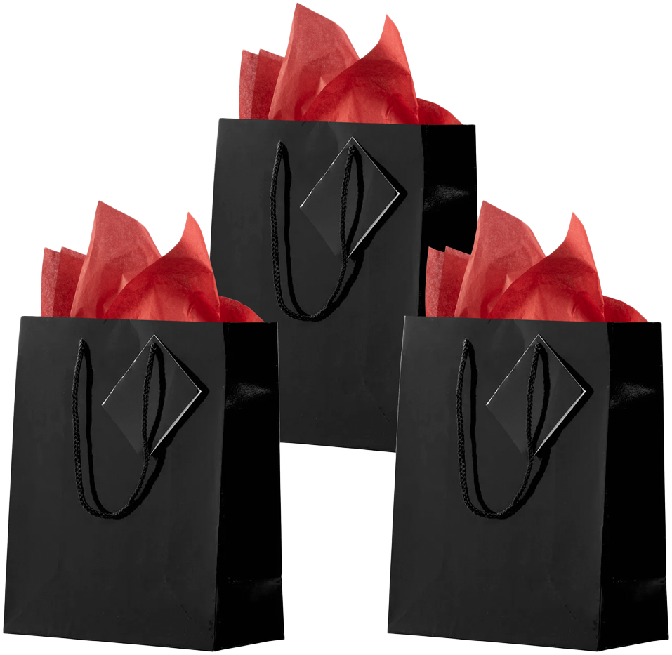 Black/Red Medium Glossy Gift Bags (8 x 10 x 4) (3 Pack) with Tissue Paper (10 Pack)
