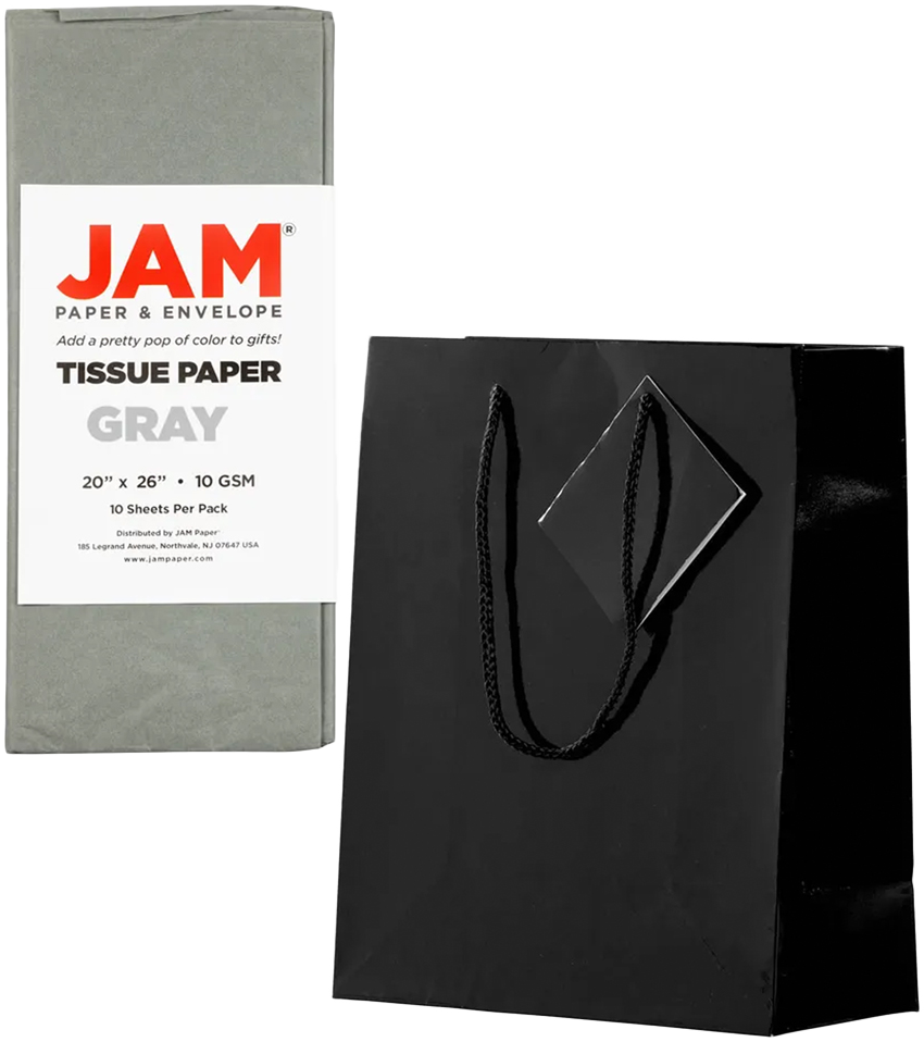 Black/Gray Medium Glossy Gift Bags (8 x 10 x 4) (3 Pack) with Tissue Paper (10 Pack)