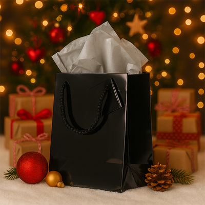 Black/Gray Medium Glossy Gift Bags (8 x 10 x 4) (3 Pack) with Tissue Paper (10 Pack)
