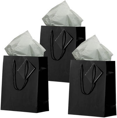 Black/Gray Medium Glossy Gift Bags (8 x 10 x 4) (3 Pack) with Tissue Paper (10 Pack)
