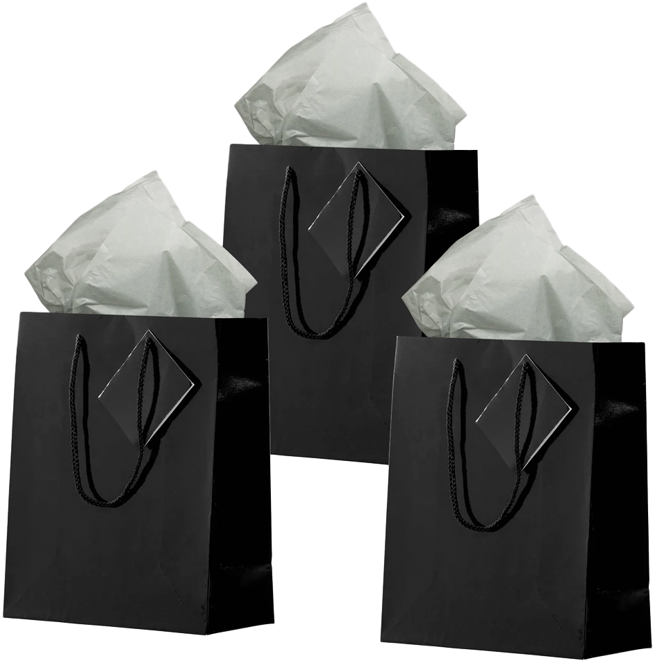 Black/Gray Medium Glossy Gift Bags (8 x 10 x 4) (3 Pack) with Tissue Paper (10 Pack)