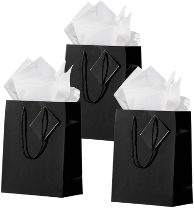 Black/White Medium Glossy Gift Bags (8 x 10 x 4) (3 Pack) with Tissue Paper (10 Pack)