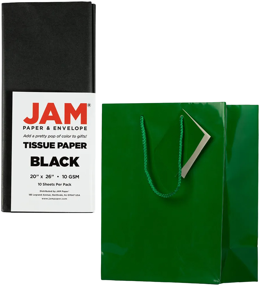Green/Black Medium Glossy Gift Bags (8 x 10 x 4) (3 Pack) with Tissue Paper (10 Pack)