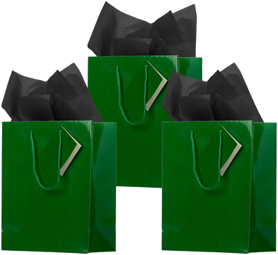 Green/Black Medium Glossy Gift Bags (8 x 10 x 4) (3 Pack) with Tissue Paper (10 Pack)