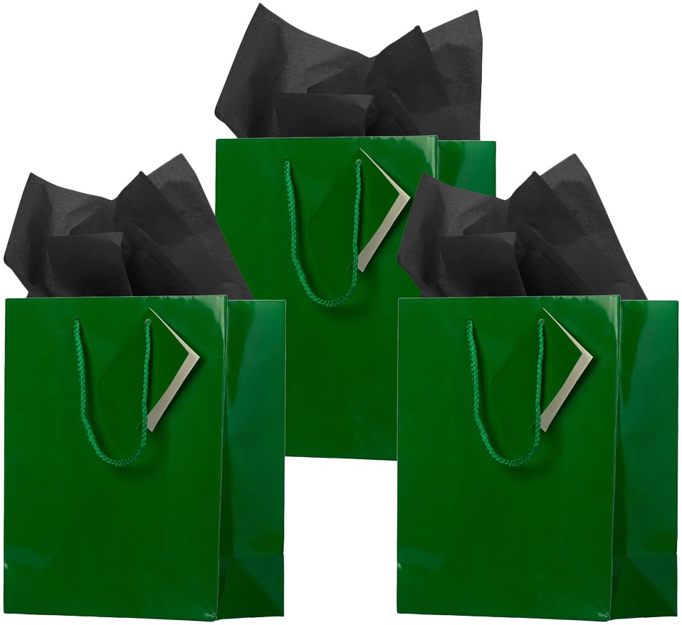 Green/Black Medium Glossy Gift Bags (8 x 10 x 4) (3 Pack) with Tissue Paper (10 Pack)