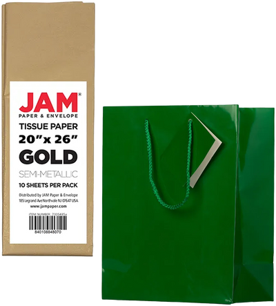 Green/Gold Medium Glossy Gift Bags (8 x 10 x 4) (3 Pack) with Tissue Paper (10 Pack)