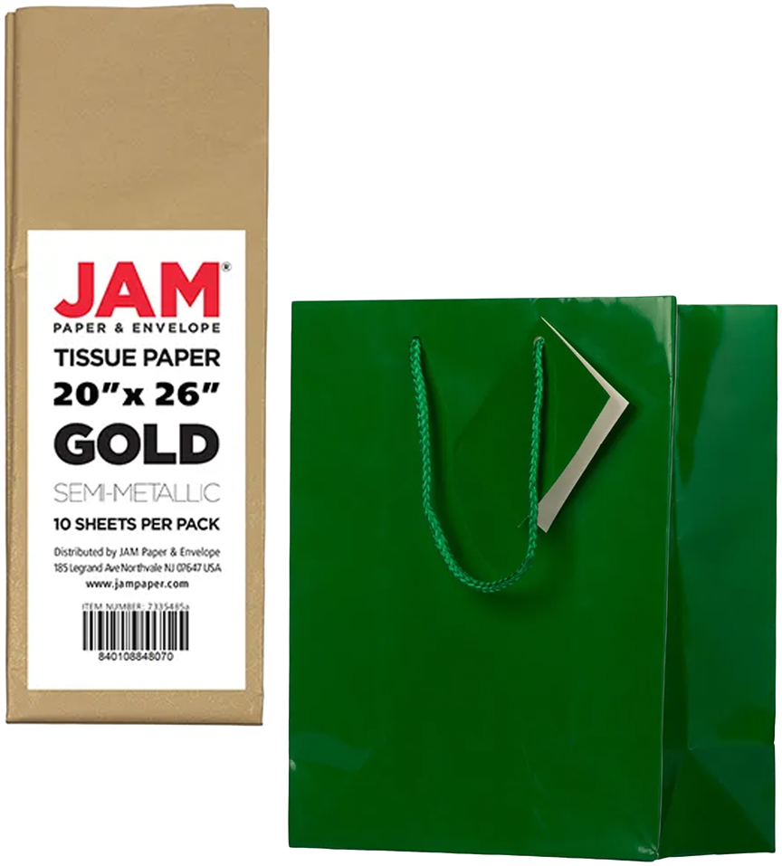 Green/Gold Medium Glossy Gift Bags (8 x 10 x 4) (3 Pack) with Tissue Paper (10 Pack)