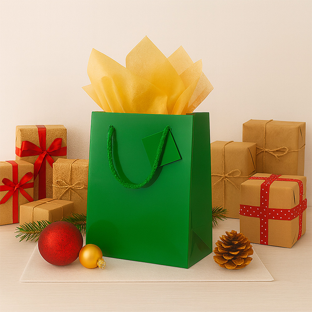 Green/Gold Medium Glossy Gift Bags (8 x 10 x 4) (3 Pack) with Tissue Paper (10 Pack)