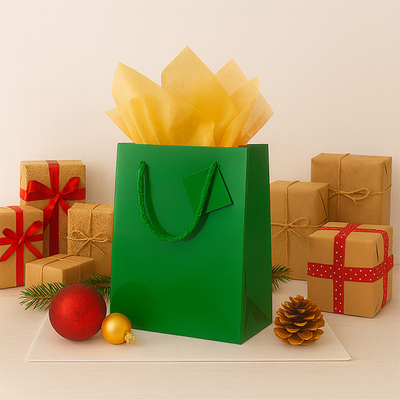 Green/Gold Medium Glossy Gift Bags (8 x 10 x 4) (3 Pack) with Tissue Paper (10 Pack)