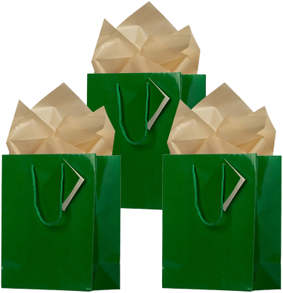 Green/Gold Medium Glossy Gift Bags (8 x 10 x 4) (3 Pack) with Tissue Paper (10 Pack)