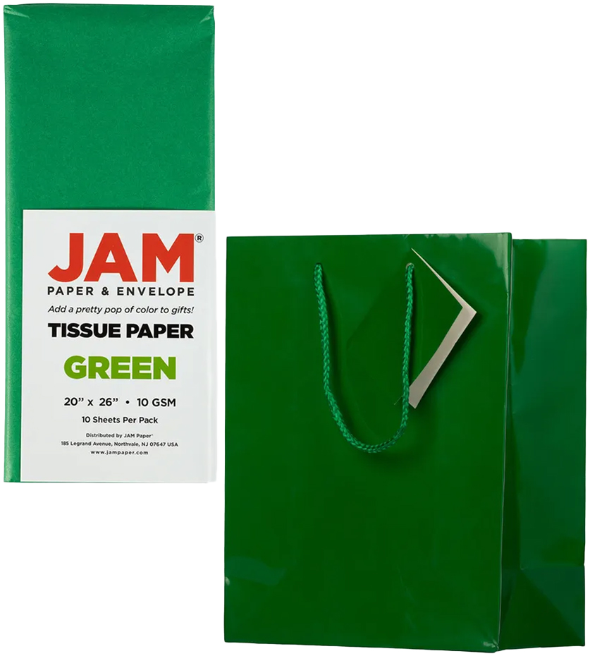 Green Medium Glossy Gift Bags (8 x 10 x 4) (3 Pack) with Tissue Paper (10 Pack)
