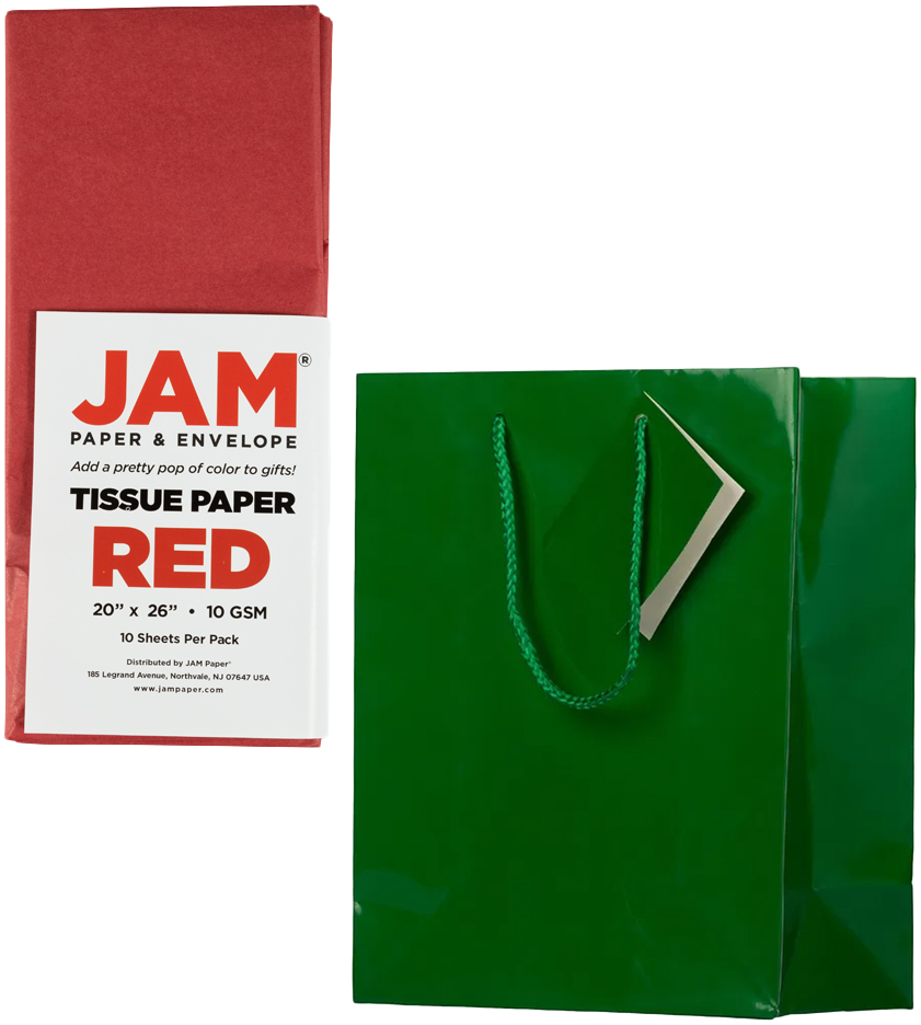 Green/Red Medium Glossy Gift Bags (8 x 10 x 4) (3 Pack) with Tissue Paper (10 Pack)