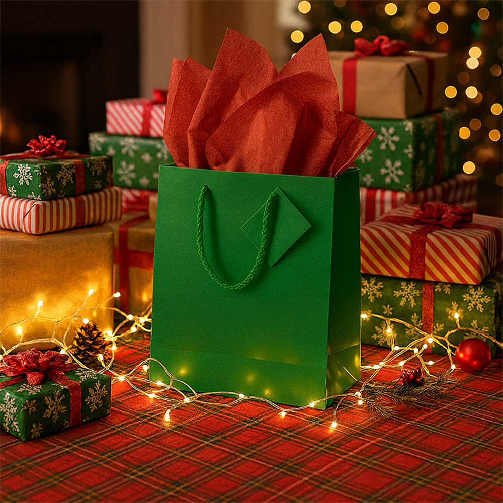 Green/Red Medium Glossy Gift Bags (8 x 10 x 4) (3 Pack) with Tissue Paper (10 Pack)