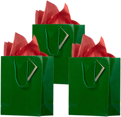 Green/Red Medium Glossy Gift Bags (8 x 10 x 4) (3 Pack) with Tissue Paper (10 Pack)