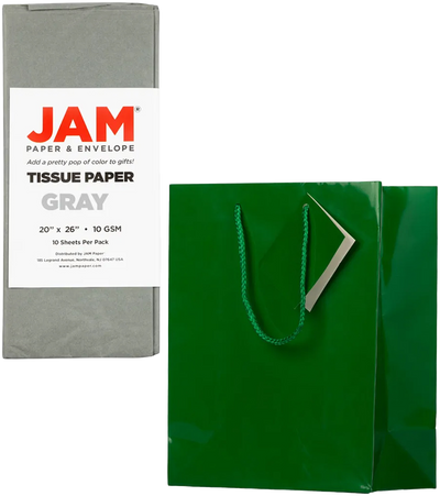 Green/Gray Medium Glossy Gift Bags (8 x 10 x 4) (3 Pack) with Tissue Paper (10 Pack)