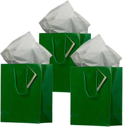 Green/Gray Medium Glossy Gift Bags (8 x 10 x 4) (3 Pack) with Tissue Paper (10 Pack)