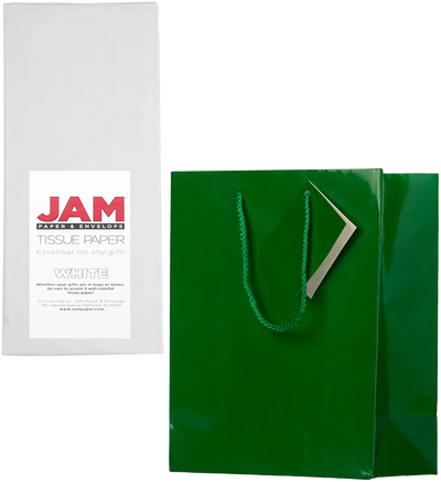 Green/White Medium Glossy Gift Bags (8 x 10 x 4) (3 Pack) with Tissue Paper (10 Pack)