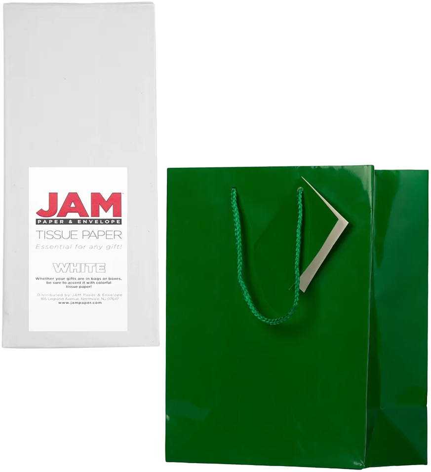 Green/White Medium Glossy Gift Bags (8 x 10 x 4) (3 Pack) with Tissue Paper (10 Pack)