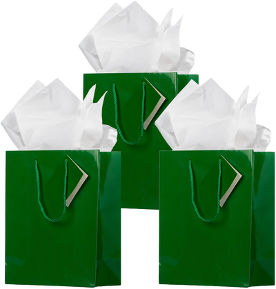 Green/White Medium Glossy Gift Bags (8 x 10 x 4) (3 Pack) with Tissue Paper (10 Pack)