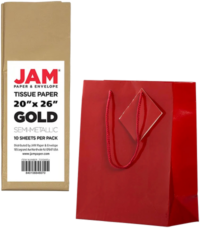 Red/Gold Medium Glossy Gift Bags (8 x 10 x 4) (3 Pack) with Tissue Paper (10 Pack)