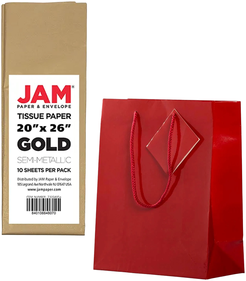 Red/Gold Medium Glossy Gift Bags (8 x 10 x 4) (3 Pack) with Tissue Paper (10 Pack)