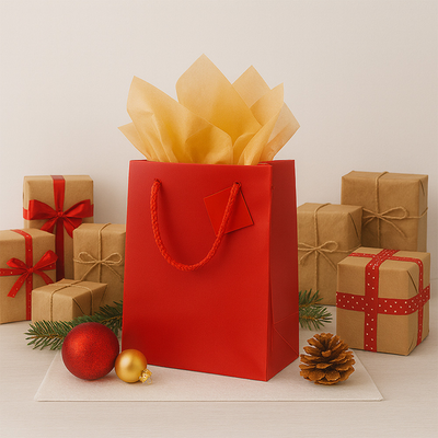 Red/Gold Medium Glossy Gift Bags (8 x 10 x 4) (3 Pack) with Tissue Paper (10 Pack)