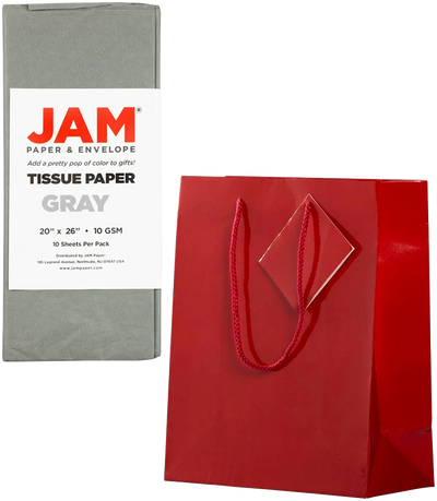 Red/Gray Medium Glossy Gift Bags (8 x 10 x 4) (3 Pack) with Tissue Paper (10 Pack)