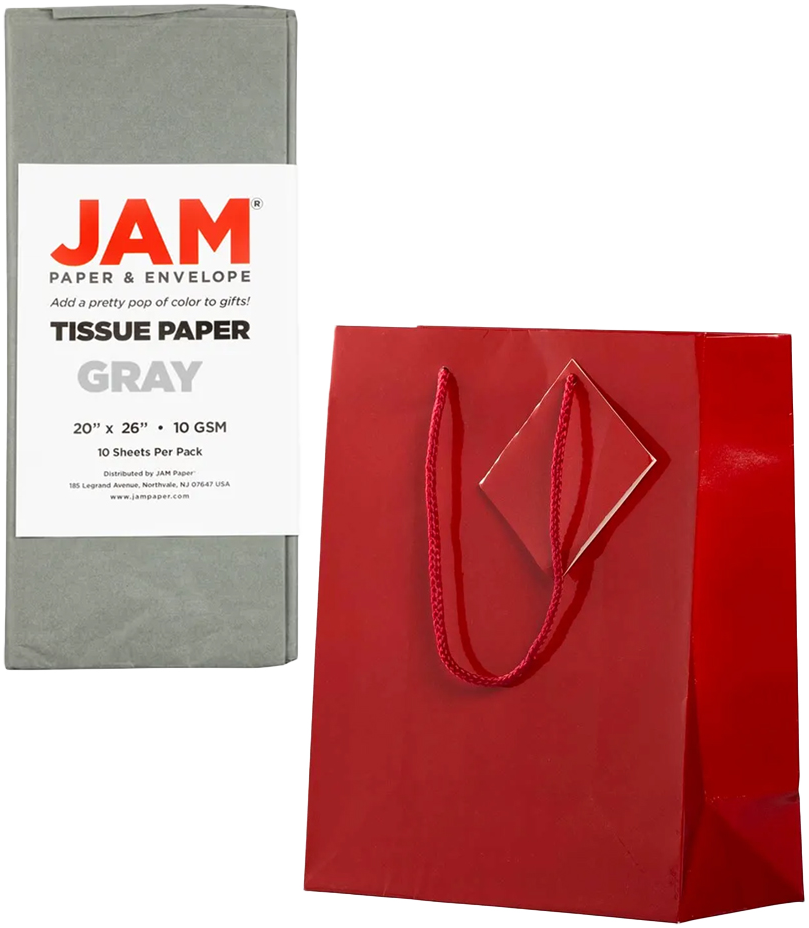 Red/Gray Medium Glossy Gift Bags (8 x 10 x 4) (3 Pack) with Tissue Paper (10 Pack)