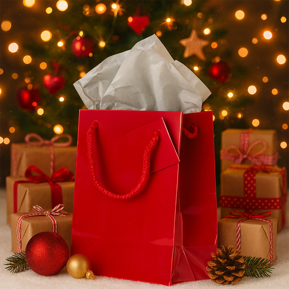 Red/Gray Medium Glossy Gift Bags (8 x 10 x 4) (3 Pack) with Tissue Paper (10 Pack)