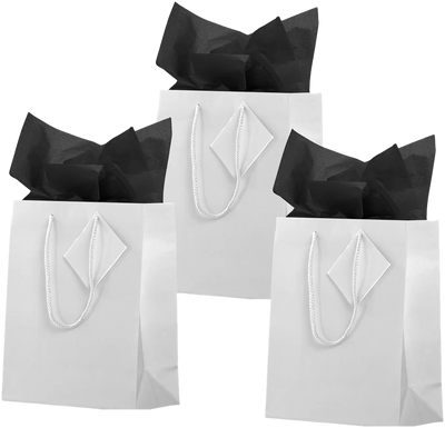 White/Black Medium Glossy Gift Bags (8 x 10 x 4) (3 Pack) with Tissue Paper (10 Pack)