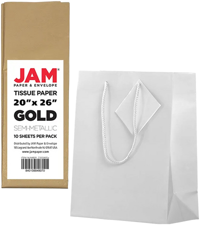 White/Gold Medium Glossy Gift Bags (8 x 10 x 4) (3 Pack) with Tissue Paper (10 Pack)