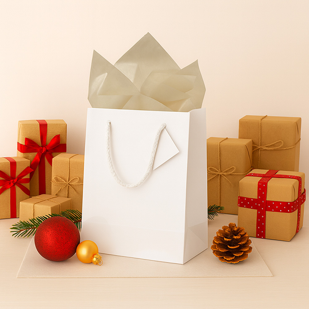 White/Gold Medium Glossy Gift Bags (8 x 10 x 4) (3 Pack) with Tissue Paper (10 Pack)